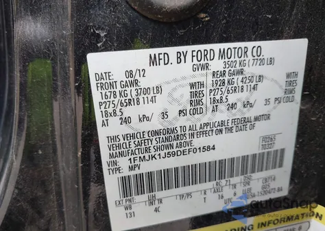 2013 Ford Expedition El Xlt из США, поврежденный, VIN 1FMJK1J59DEF01584